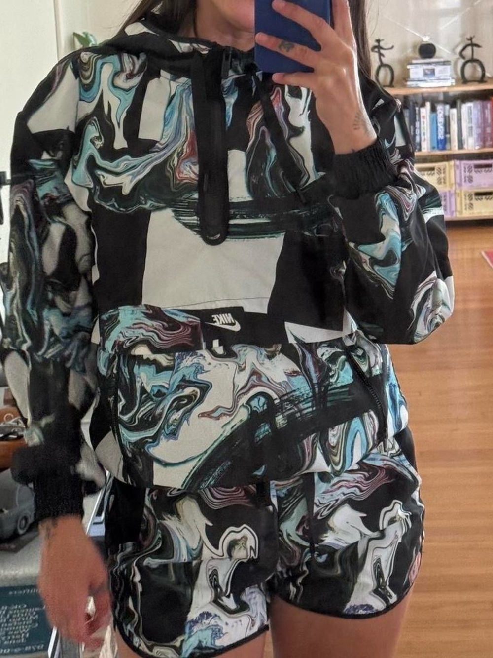 Nike Black White Teal Marble Print Hoodie & Shorts Set